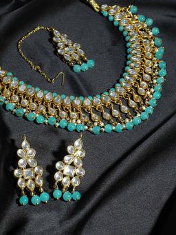 Karatcart - Gold Kundan Blue Necklace With Earrings And Maangtikka (Set of 3)