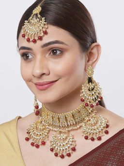 Karatcart - Red Beads Gold-Toned Kundan Studded Choker Necklace With Earrings & Mangtikka (Set of 3)
