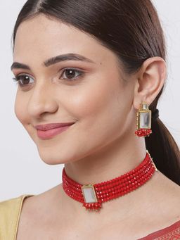 Karatcart - Traditional Red Crystal Kundan Choker Necklace With Earrings (Set of 2)