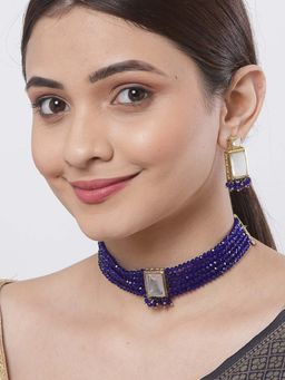 Karatcart - Traditional Blue Crystal Kundan Choker Necklace With Earrings (Set of 2)