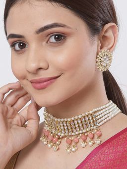 Karatcart - Peach Gold Plated Tesselled Necklace With Earrings (Set of 2)