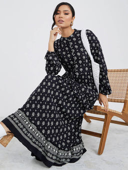 Styli - Women's Black Viscose Rayon Long Sleeves Boho Print Tiered Maxi Dress