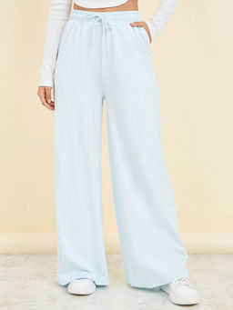 Styli - Women's Blue Cotton French Terry Super Flared High Rise Joggers