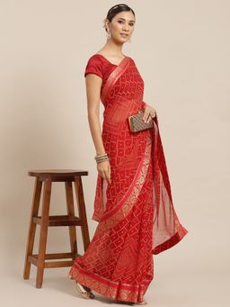 ISHIN - Womens Georgette Red Bandhani Printed Lace Saree with Unstitched Blouse