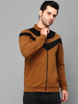 RIGO - Men Camel Brown Color Blocked High Neck Fleece Jacket