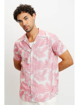 FREAKINS - Pink Palm Leaf Print Men Resort Shirt