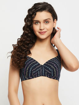 Clovia - Cotton Spandex Printed Padded Full Cup Wire Free T-shirt Bra - Dark Blue
