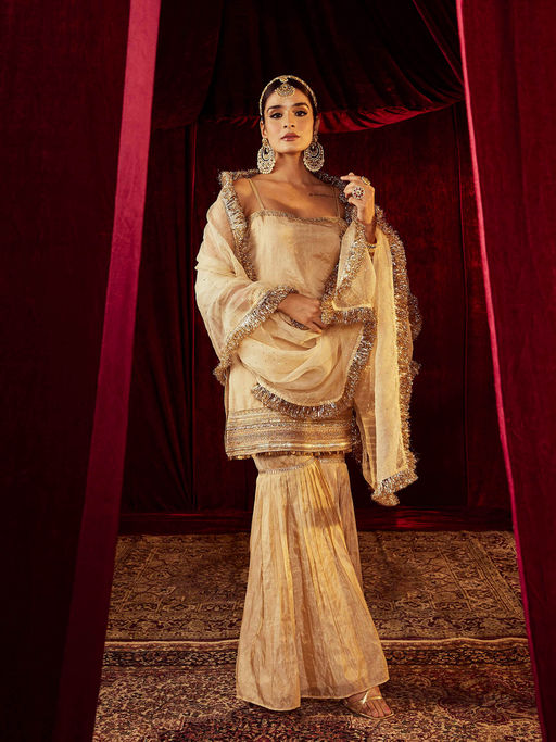 Ivory-Silver Tissue Sharara Set