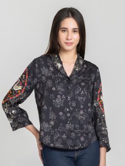 SHAYE - Women Black Modal Shawl Lapel Regular Fit Shirt