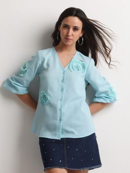 SHAYE - Women Blue Satin V-Neck Regular Fit Shirt