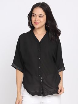 SHAYE - Women Black Georgette V-Neck Regular Fit Shirt