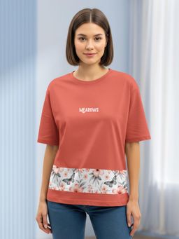 HELLCAT - Women Rust Cotton Blend Round Neck Oversized Fit T-shirt