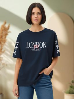 HELLCAT - Women Blue Cotton Blend Round Neck Oversized Fit T-shirt