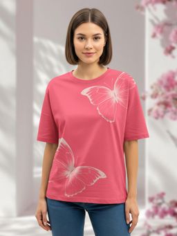 HELLCAT - Women Pink Cotton Blend Round Neck Oversized Fit T-shirt