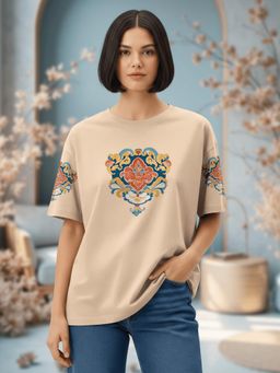 HELLCAT - Women Beige Cotton Blend Round Neck Oversized Fit T-shirt