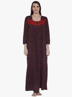Clovia - Woollen Printed Full Sleeves Night Dress In Red (Free Size)