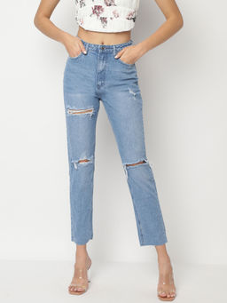 Missguided - Light Blue Wrath High Waisted Slash Straight Leg Jeans