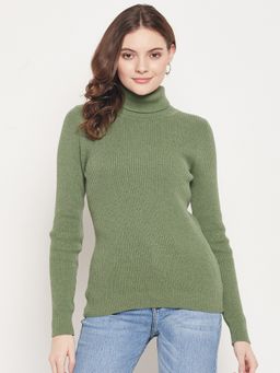 98 Degree North - Women Green Melange Self Design Turtle Neck Sweater