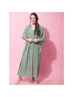 Secret Wish - Womens Green Handblock Print Kaftan Night Dress