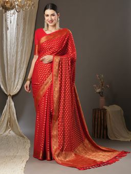 Akhilam - Womens Georgette Red Woven Designer Saree with Unstitched Blouse