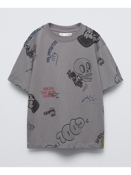 Alan Jones - Grey Boy's Oversized Cotton Printed T-Shirt