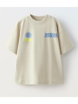 Alan Jones - Beige Boy's Oversized Cotton Printed T-Shirt