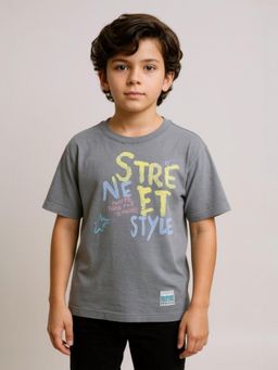 Alan Jones - Grey Boy's Oversized Cotton Printed T-Shirt