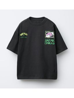 Alan Jones - Black Boy's Oversized Cotton Printed T-Shirt