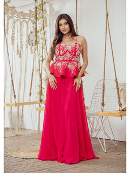 Label Swish - Fuchsia Floral Embellished Peplum Top with Sharara Pants (Set of 2)