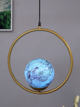 Homesake - Metal Pendant Glass Golden Round Planet Blue