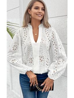 Outzidr - White Schiffli Embroidered Blouse