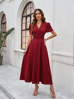 Outzidr - Red Fit And Flare Midi Vacay Dress