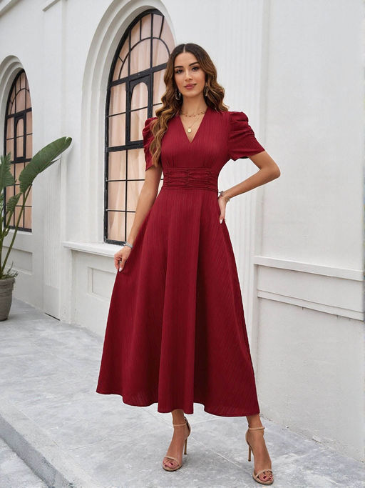 red fit and flare midi dress Noria Anis Lucienne Fit And Flare Midi Dress