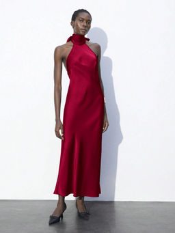 Outzidr - Red Halterneck Midi Party Dress