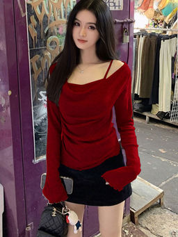 Outzidr - Red Cowl Neck Bell Sleeves Street Style Top