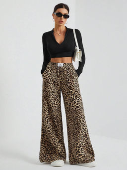Outzidr - Brown Animal Print Wide Leg Streetwear Joggers