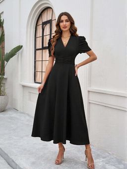 Outzidr - Black Fit and Flare Midi Vacay Dress