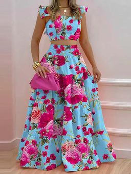 Outzidr - Blue Ruffle Sleeves Tiered Co-Ord (Set of 2)