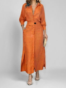 Outzidr - Orange Shirt Dress with Side Slit
