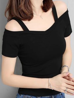 Outzidr - Black Solid Knit Street Style Top
