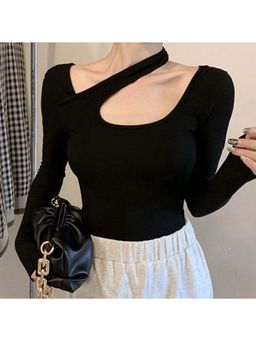 Outzidr - Black Left Cut-Out Fitted Street Style Top