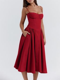 Outzidr - Red Bustier Cami Party Midi Dress With Pockets