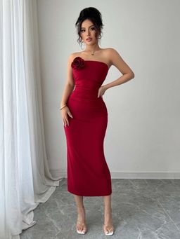 Outzidr - Red Strapless Flower Attached Party Midi Dress