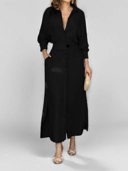 Outzidr - Black Shirt Dress with Side Slit
