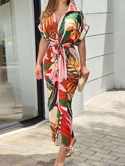 Outzidr - Pink Printed Waist Tie Up Straight Fit Dress