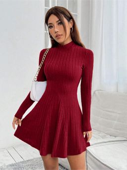 Outzidr - Burgundy High Neck Wide Spaced Rib Dress