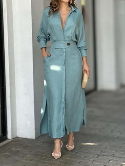 Outzidr - Light Blue Shirt Dress with Side Slit