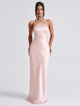 Outzidr - Pink Halter Neck Fit and Flare Dress