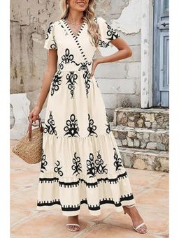 Outzidr - Off White V-Neck Contrast Coloured Printed Maxi Dress