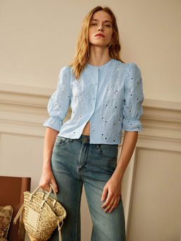 Outzidr - Blue Puff Sleeved Schiffli Top